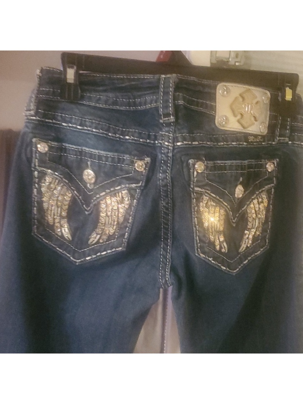 Miss Me Dark Blue Boot Cut Jeans with Gold Sequin Wing Pockets